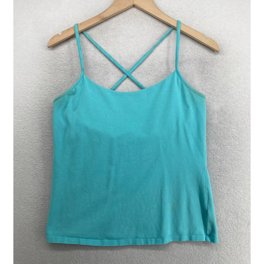 EILEEN FISHER Tank Top M Organic Cotton Jersey Cross Back Shelf Bra Blue USA
